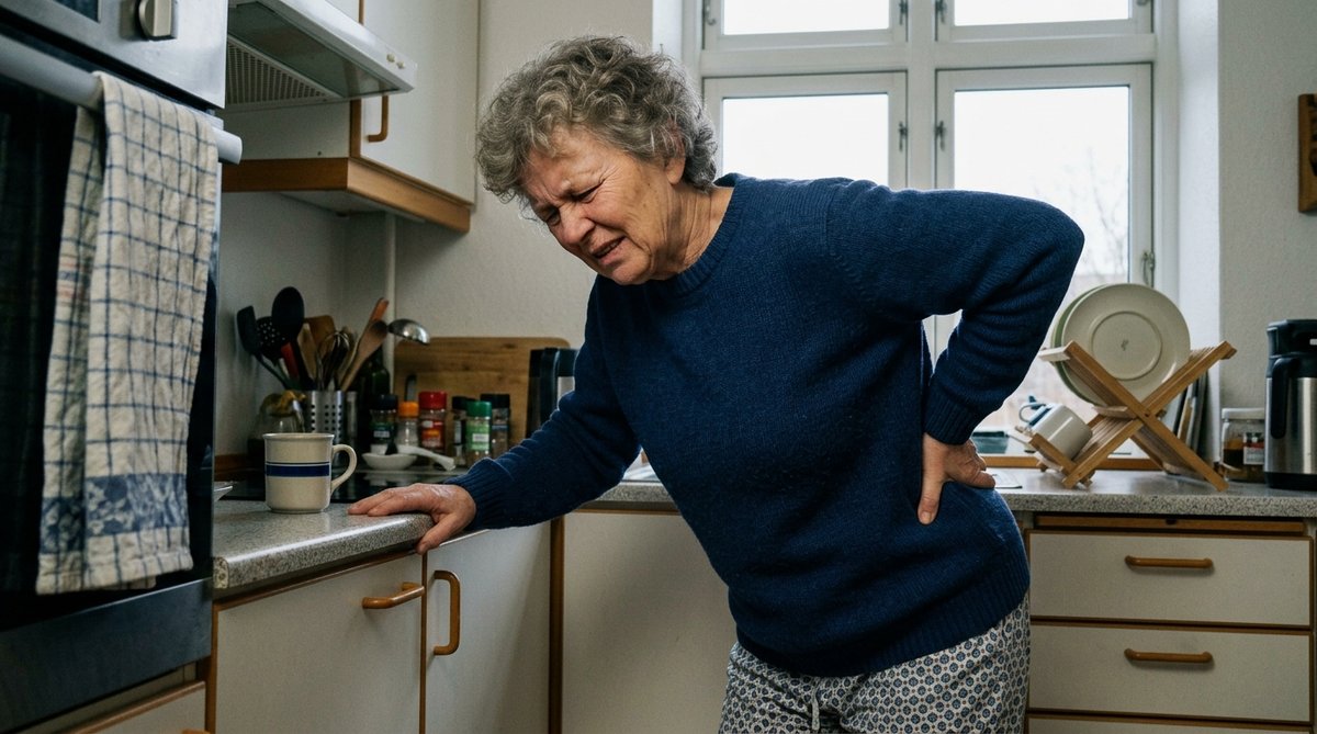 Kvinde støtter sig til køkkenbordet med hånden på lænden om morgenen
