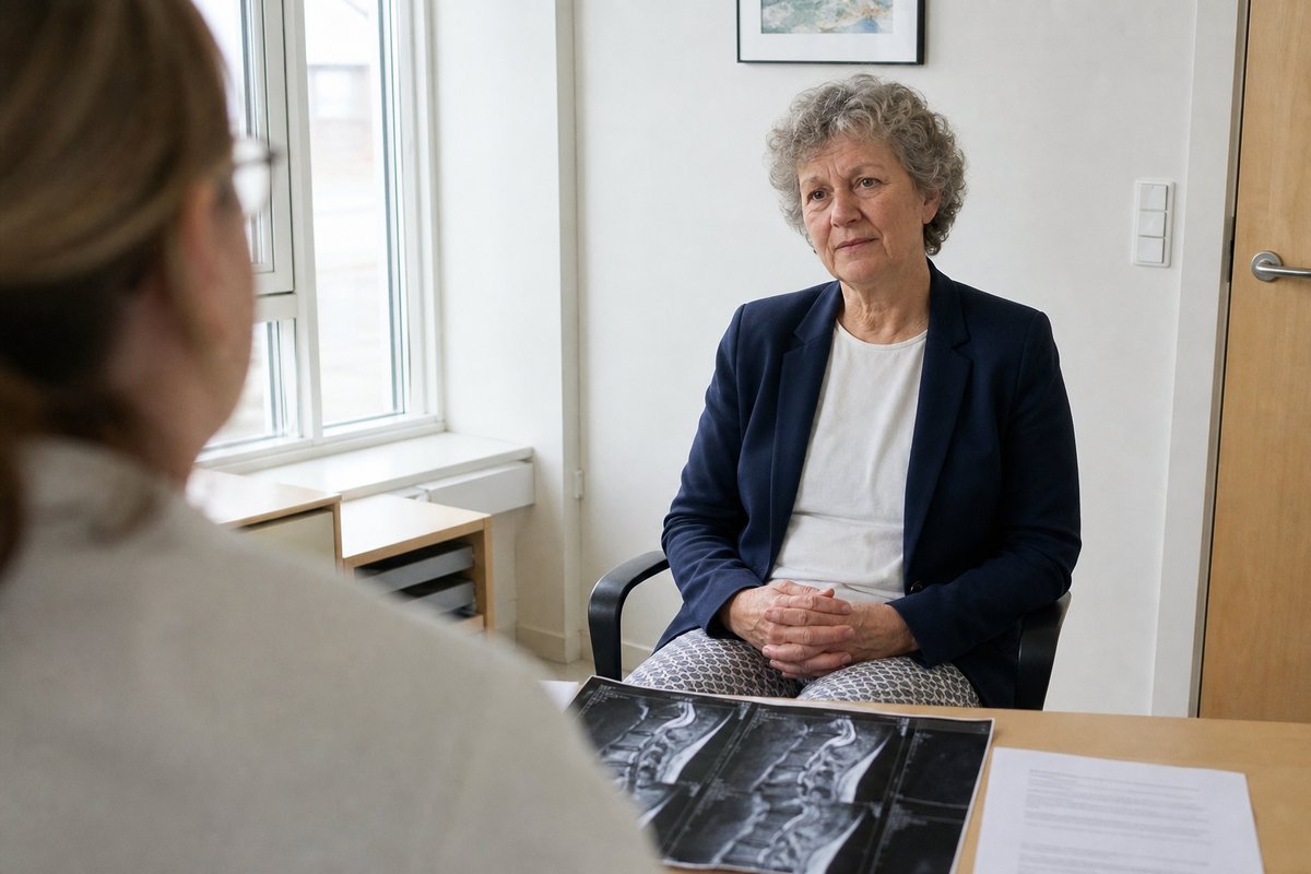 Kvinde sidder i lægekonsultation og lytter til operationsbesked med prisdokument på bordet