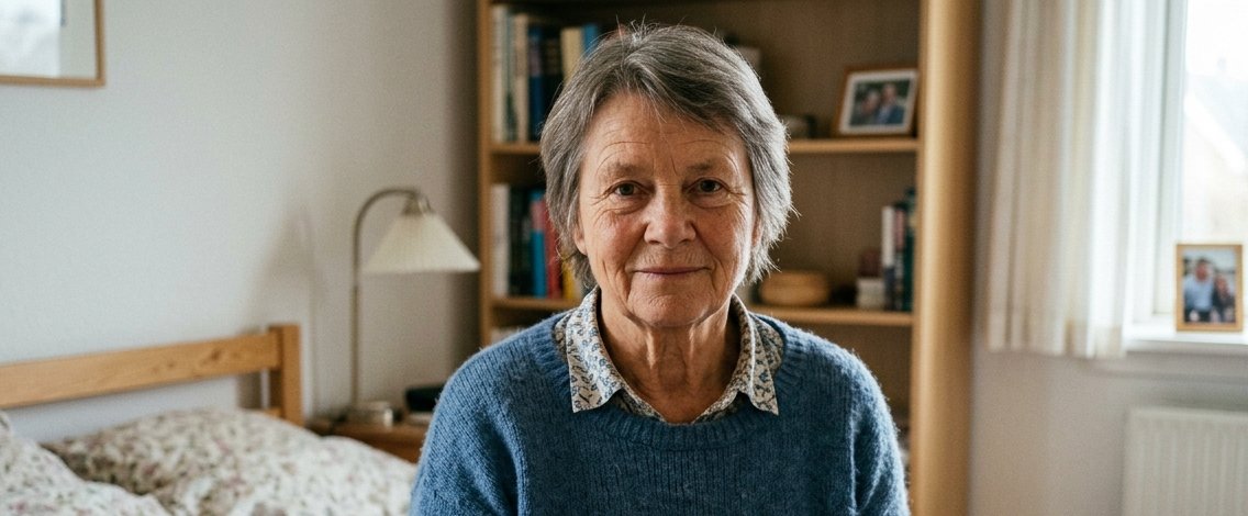 Ældre kvinde med gråblondt hår sidder ved sit eget køkkenbord med en kop kaffe