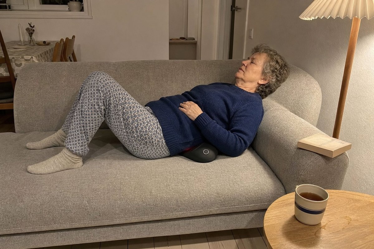 Kvinde ligger på sofaen med GoldenSpine-apparatet under lænden i afslappet hjemmemiljø