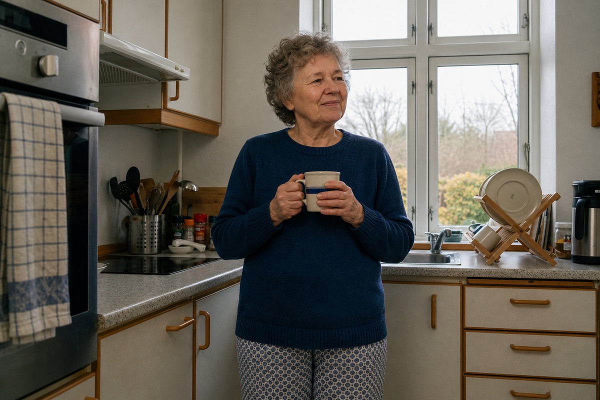 Samme kvinde står nu opret ved samme køkkenbord med kaffekop og kigger ud ad vinduet