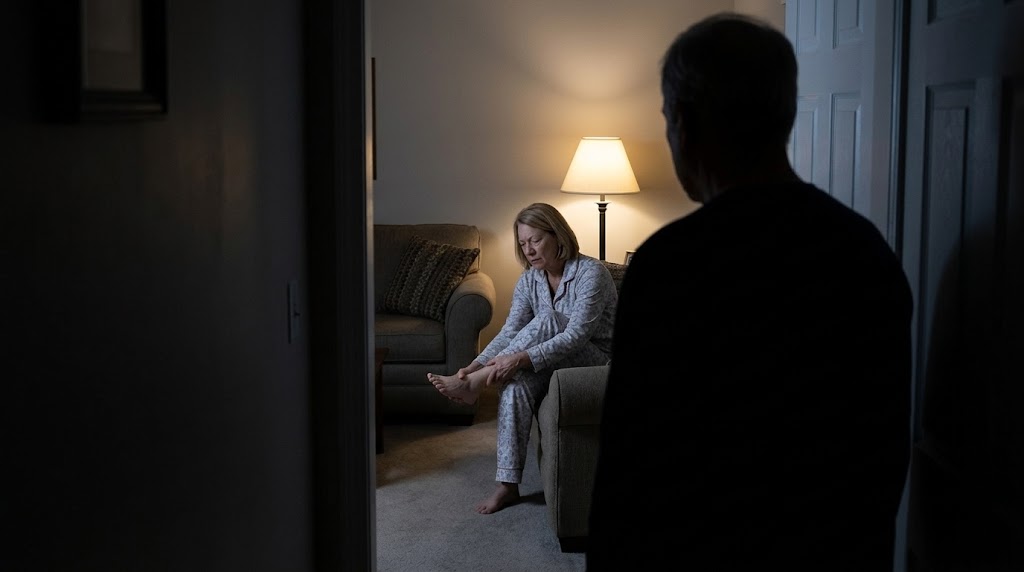 Kvinde sidder alene i en mørk stue om natten, mens hendes mand står i døråbningen