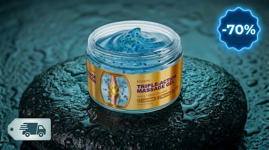 Åben dåse Kinzeno Triple-Action Massage Gel på en våd sten, med et mærkat der viser 70 % rabat