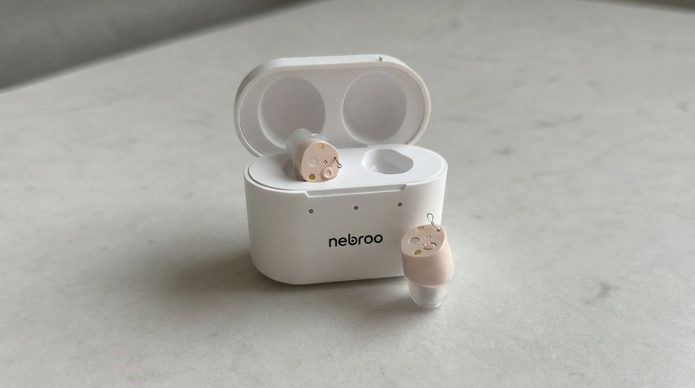 HearWell by Nebroo hearing aids in charging case