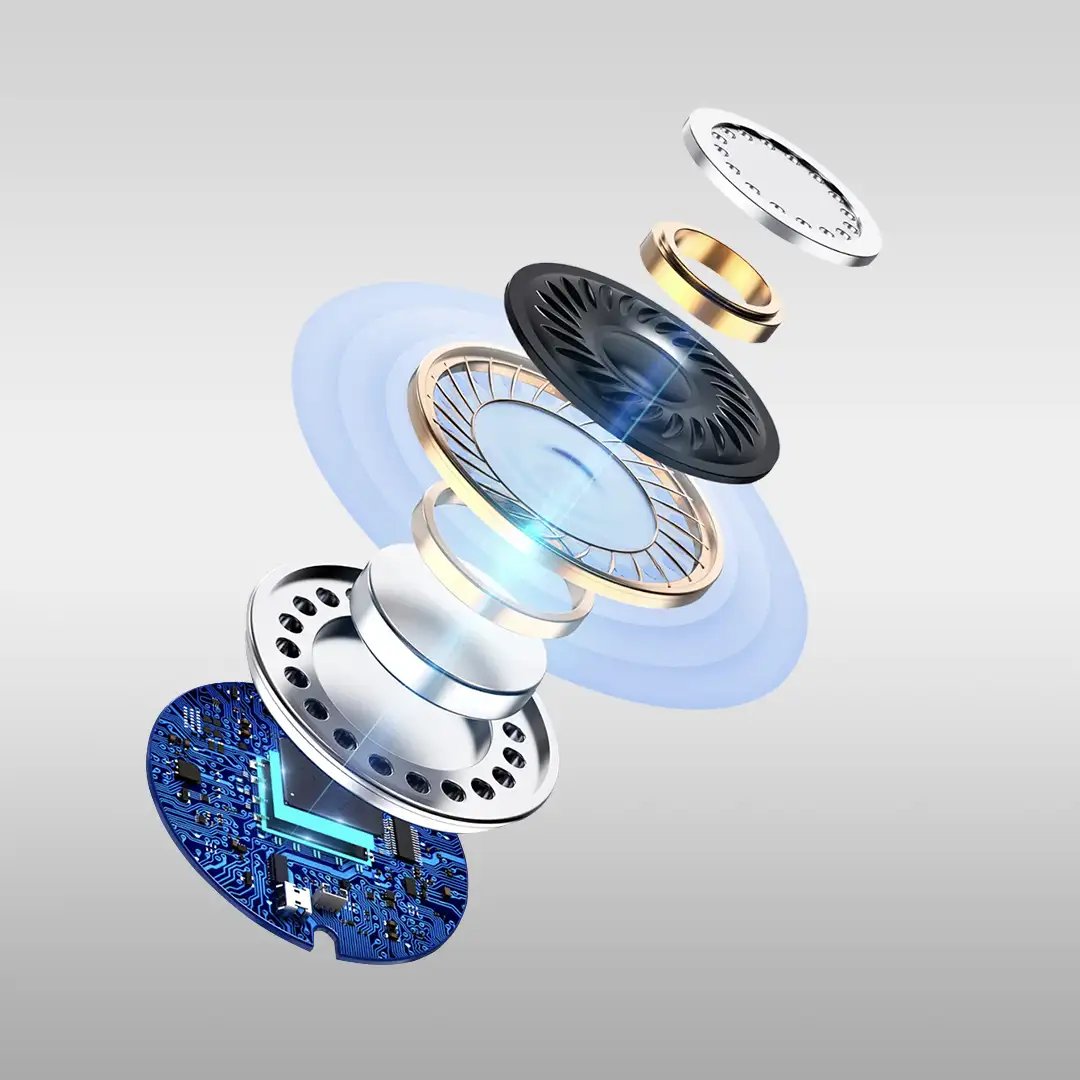 Inside a HearWell by Nebroo hearing aid — speaker, chip and circuitry