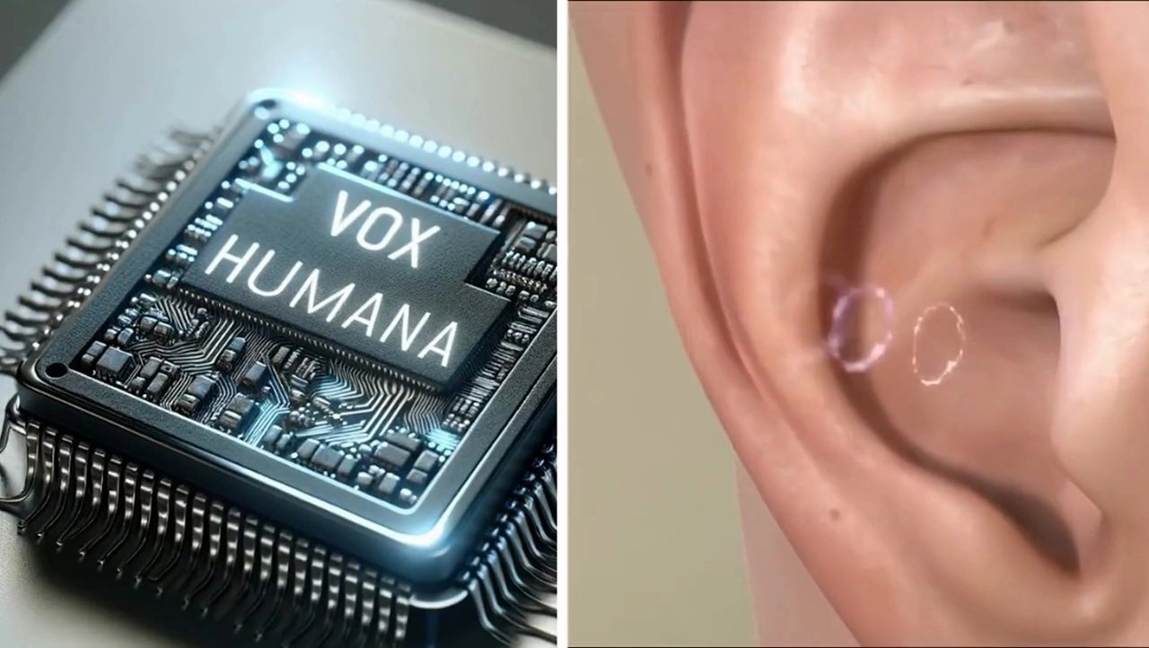 The Vox Humana speech-clarity microchip and an ear fitted with the device