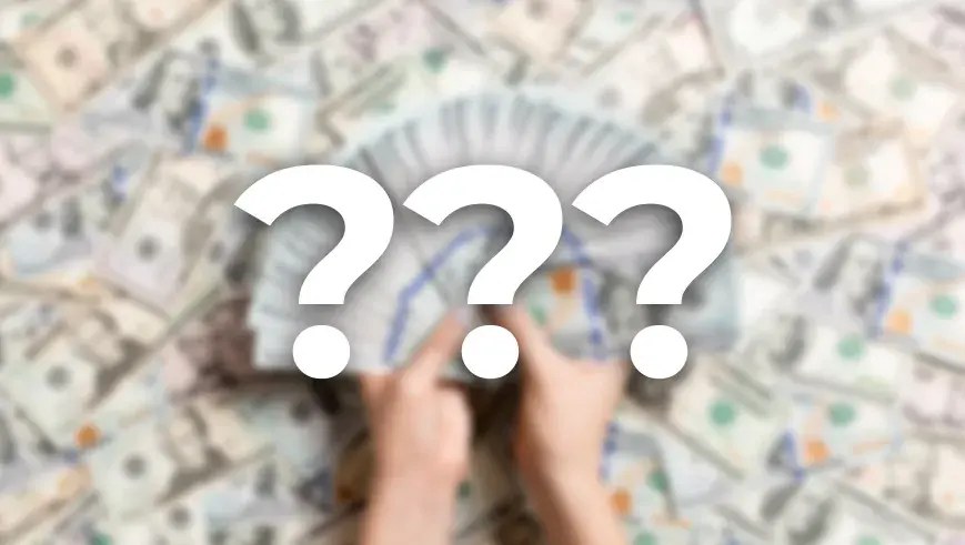 Hands holding banknotes with question marks over them