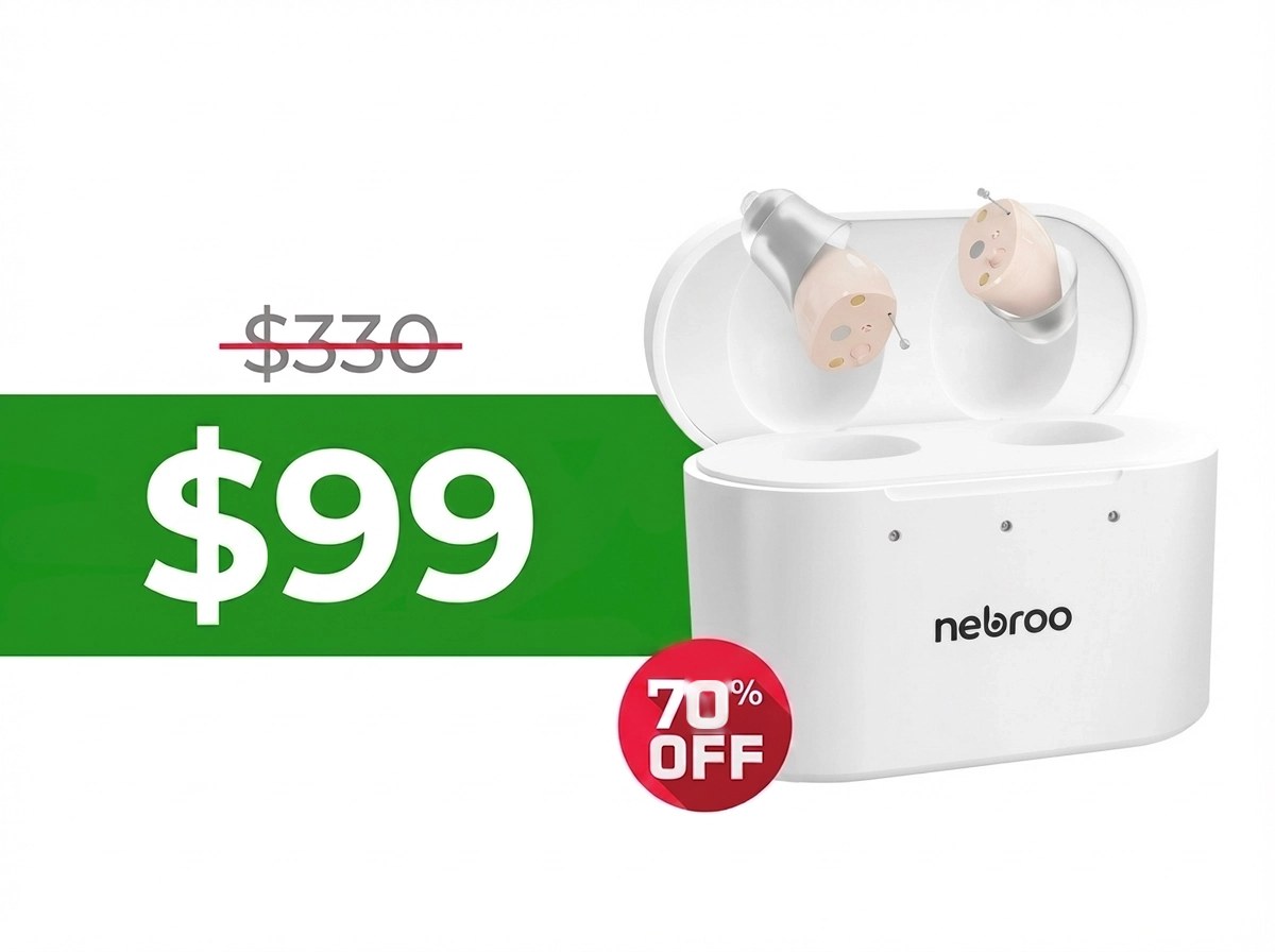HearWell by Nebroo hearing aids in their charging case with the discounted price