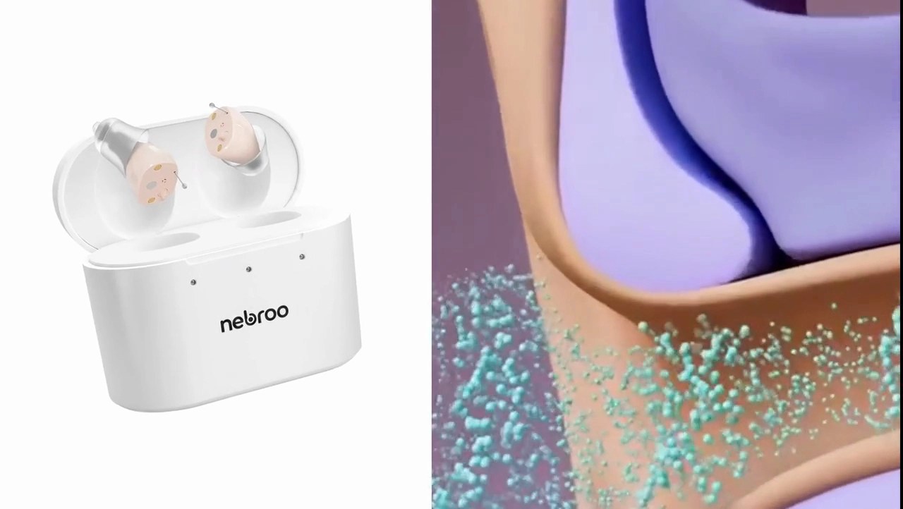 HearWell by Nebroo hearing aids beside their charging case